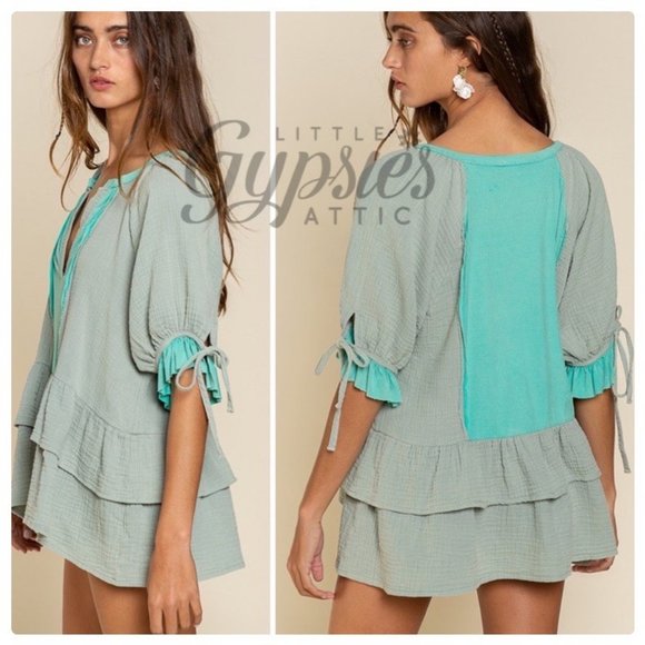 POL Emerald Sage Bohemian Tunic Top - Picture 2 of 14